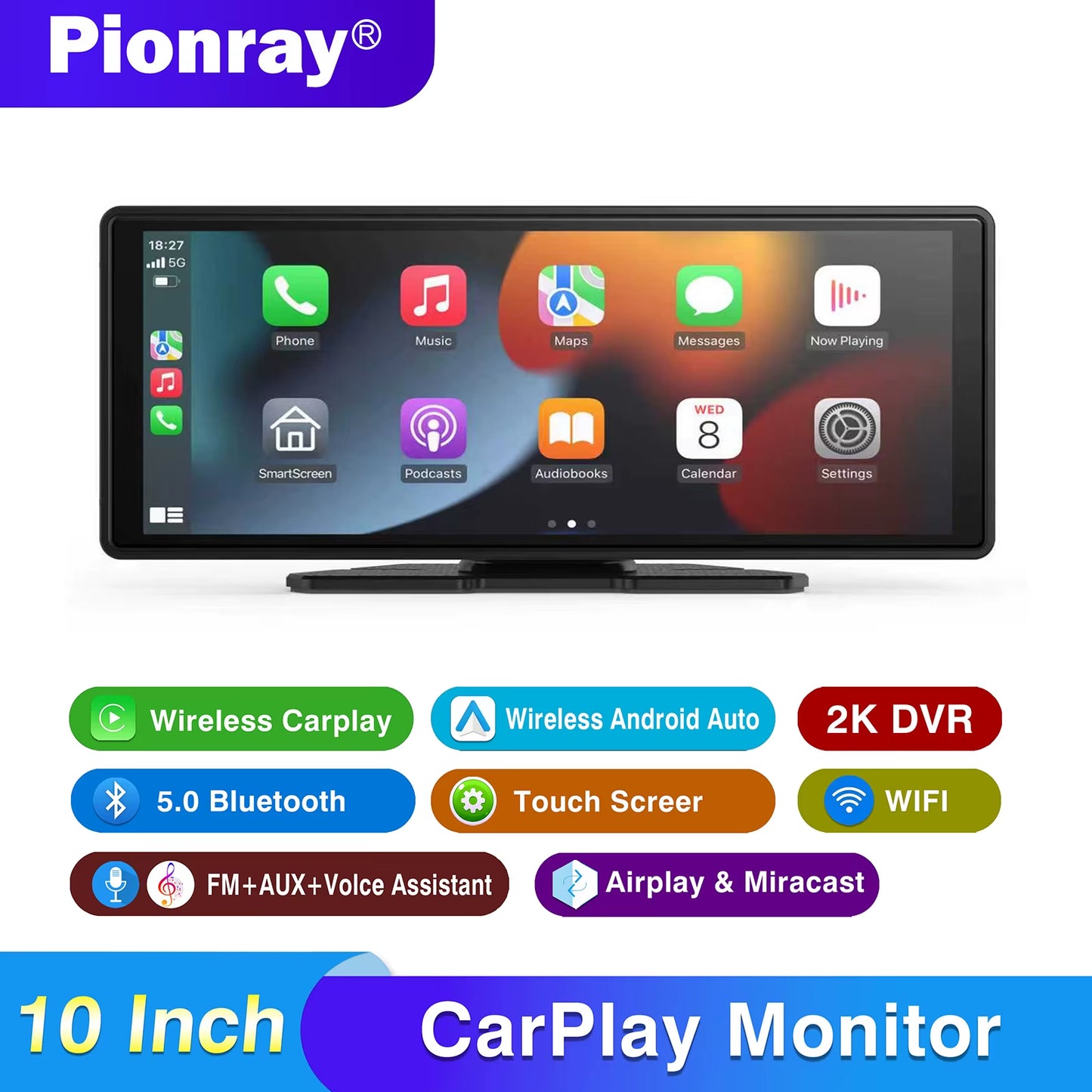 Carplay Screen for Car, 10" Portable Wireless Carplay&Android Auto, Ar Stereo Audio Receivers for Car GPS Navigation Mirror Link