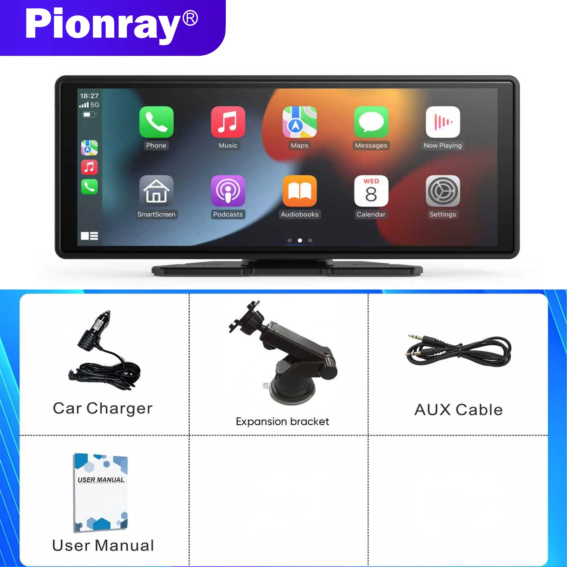Carplay Screen for Car, 10" Portable Wireless Carplay&Android Auto, Ar Stereo Audio Receivers for Car GPS Navigation Mirror Link