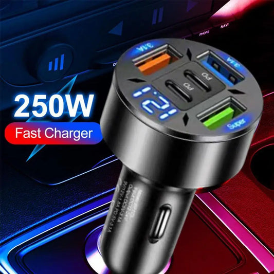 250W 5-Port Fast Charging Car Charger with PD and QC3.0 USB-C Adapter for iPhone
