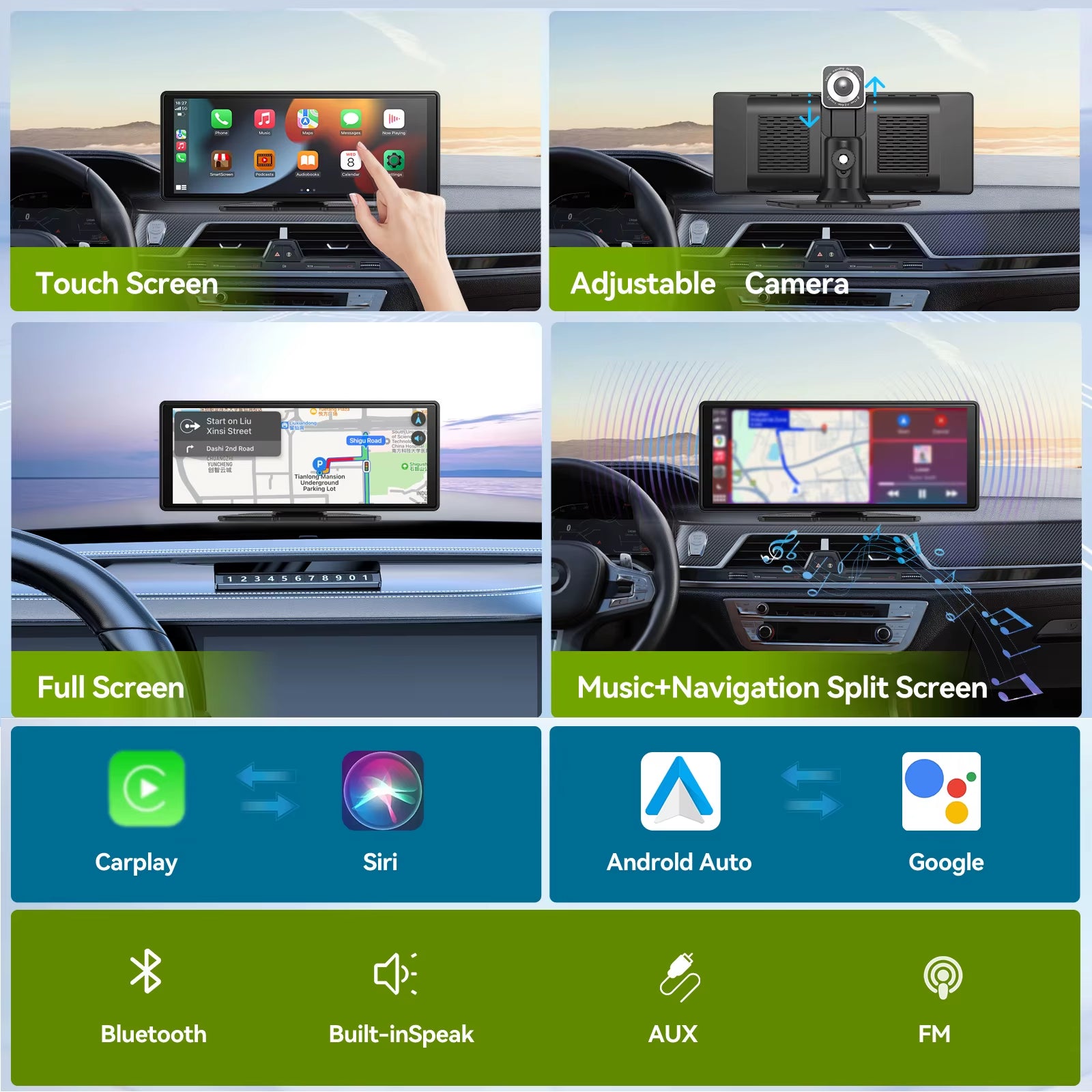 Carplay Screen for Car, 10" Portable Wireless Carplay&Android Auto, Ar Stereo Audio Receivers for Car GPS Navigation Mirror Link